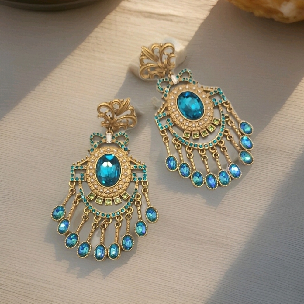 Vintage Estate Forstner Blue Crystal Fleur-de-Lis Gold Chandelier Earrings
